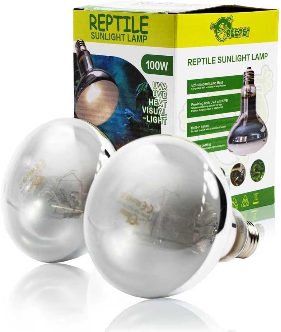 100W Heat UVA UVB Reptile Light, Full Spectrum Self-Ballasted Basking Sunlight Heat Bulb for Reptile and Amphibian Use E26 2 Pack