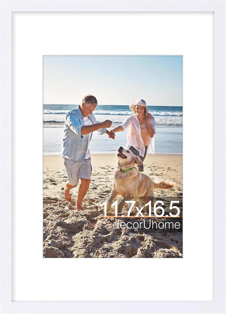 decorUhome A3 Picture Frame, Display Pictures 8.3x11.7 with Mat or 11.7x16.5 without Mat, Wall Mounting Photo Frame, White, 1 Pack