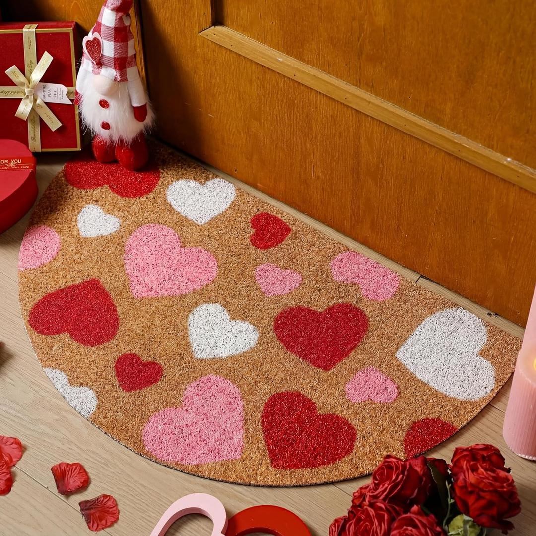 Tinideya Valentine's Day Red Heart Welcome Doormat Outdoor Heart Shaped Coir Door Mat Romantic Outdoor Indoor Entrance Door Mat Non Slip Rubber Backing for Valentines Day Front Porch Entryway Decor (11" x 1'1" (Rectangular), Colorful)