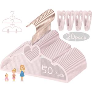 Pink Heart Velvet Baby Hangers - 50pack 13inch Toddler Hangers with 20pcs Clips, Premium Velvet Strong and Durable Baby Clothes Hangers Without Slipping, Ultra Slim and Stackable Space Saving (Pink-rose Gold)