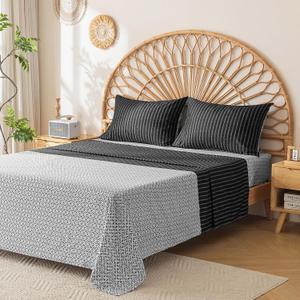 ARTALL 4-Pieces Queen Size Sheet Set, Soft Microfiber All-Season Bed Sheets Includes 2 Pillowcases, 1 Flat Sheet, 1 Fitted Sheet, Half Geometry and Half Stripe Print Design, Black White (Black Diamond Geo)