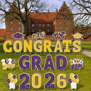 ANVAVO 2026 Congrats Grad Yard Signs Graduation Waterproof Decorations Graduation Yard Sign Decorations Grad Party Outdoor Lawn Decor with Stakes, Purple and Gold
