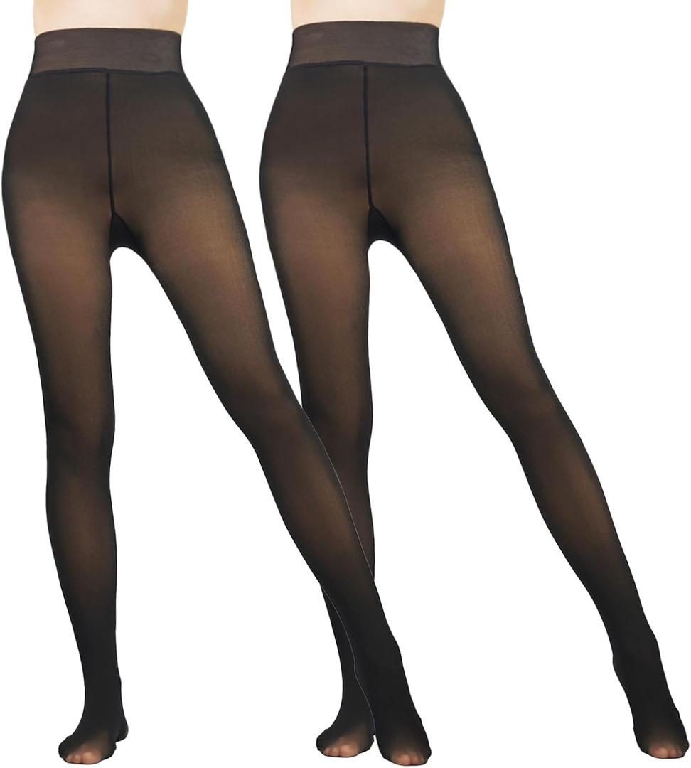 2 Pairs Women Fleece Lined Tights-Fake Translucent Leggings High Waist Pantyhose Sheer Thick Warm Tights For Women (XX-Large, Black+black)