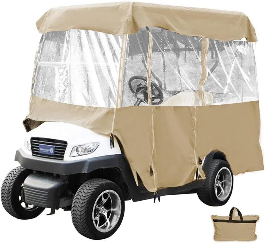 Golf Cart Covers 4 Passenger, 300D High Duty Golf Cart Cover with 6 Zipper, 4-Side Transparent PVC Windows, for EZGO Yamaha Club Cart, with Storage Bag