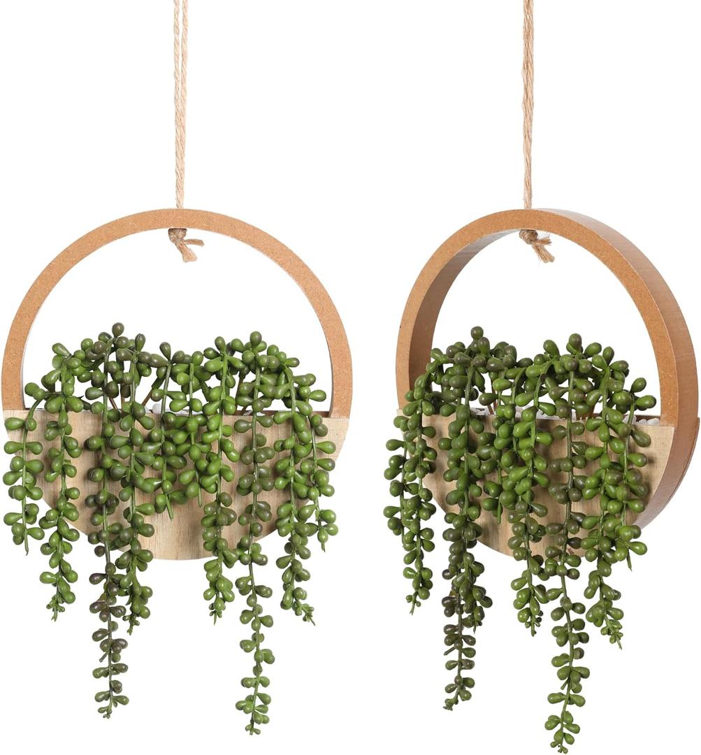 Floweroyal 2pcs Artificial Succulents Hanging Plants 12.2'' Fake String of Pearls in Pot with 8.3'' Lanyard for Indoor Outdoor Wall DecorWood Color.
