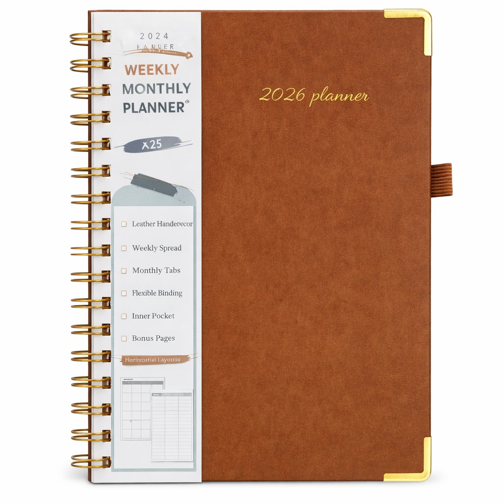 2026 Planner, Weekly and Monthly Calendar Planner from January 2026 - December 2026, 5.75" x 8.38" Hardcover Leather Hourly Appointment Book with Tabs, A5 Spiral Daily Planners for College School Work Home, Brown