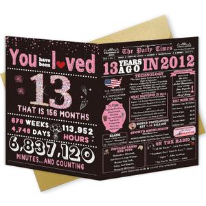 13th Birthday Card Gifts for Daughter, Niece, Granddaughter, 13th Birthday Decorations for Girls, Large Birthday Card for 13 Year Old, Funny Back in 2012 Birthday Card, Rose Pink Gold (WY-190)