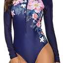 Womens Athletic One Piece Swimsuits Long Sleeve Swimsuit Sports Surfing Swimwear Bathing Suits, Size S