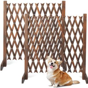 VINGLI 2 Packs Extendable Garden Fence, 27.55 Inch Tall Freestanding Accordion Fence Solid Wood Retractable Trellis Instant Fence Pet Grate for Home Patio Yard Garden (Carbonized Wood)