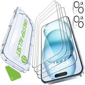 iGluz 4 Pack for iPhone 15 Screen Protector with 2-Pack Camera Lens Protector[99.99% HD Clear][9H Tempered Glass][Bubble Free][Easy Installation][Smooth Touch][Anti-fingerprint],4+2 Dual Protection