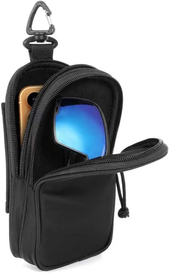 Backpack Strap Pouch for Smartphone and Sunglasses,Double Pocket for Large Phone and Sport Glasses,Waterproof Shoulder Attachment Tactical Case with Zipper for Outdoor Hiking Camping Travel (1, Black)