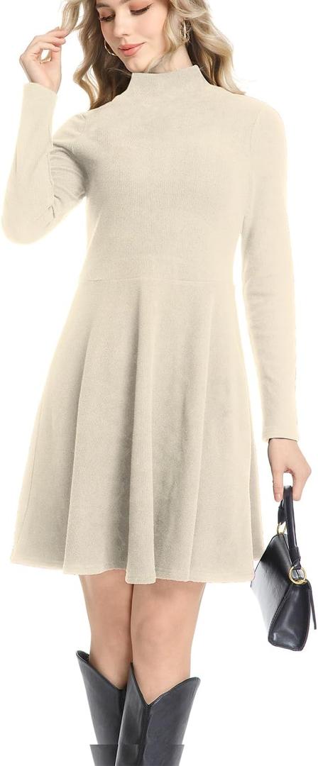 Long Sleeve Dress for Women Turtleneck Ribbed Knit A-Line Flowy Casual Elegant Fall Winter Fashion Short Dresses (Beige, L)