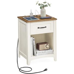 VASAGLE LIRY Collection - Farmhouse Nightstand with Charging Station, Bedside Table, Side Table with Drawer, Open Compartment, for Bedroom, Rustic White and Honey Brown ULET659K41