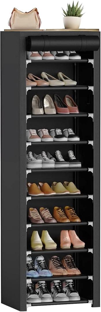 ERONE Shoe Rack with Cover 10 Tier Tall Slim Narrow Shoe Rack Organizer Space-Saving Sturdy Shoe Storage Shelf for Entryway, Closets (Black)