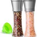 M JINGMEI Premium Stainless Steel Sea Salt and Pepper Grinder Set of 2 - Adjustable Ceramic - Tall Glass Salt and Pepper Shakers - Pepper Mill & Salt Mill W/Funnel (2.6"W x 7.5"H)