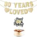 2 x 80th Birthday Decorations for Men Women, Gold Glitter 80th Birthday Banner with Cake Topper 80 Years Loved Banner 80 B-DAY Party Decorations