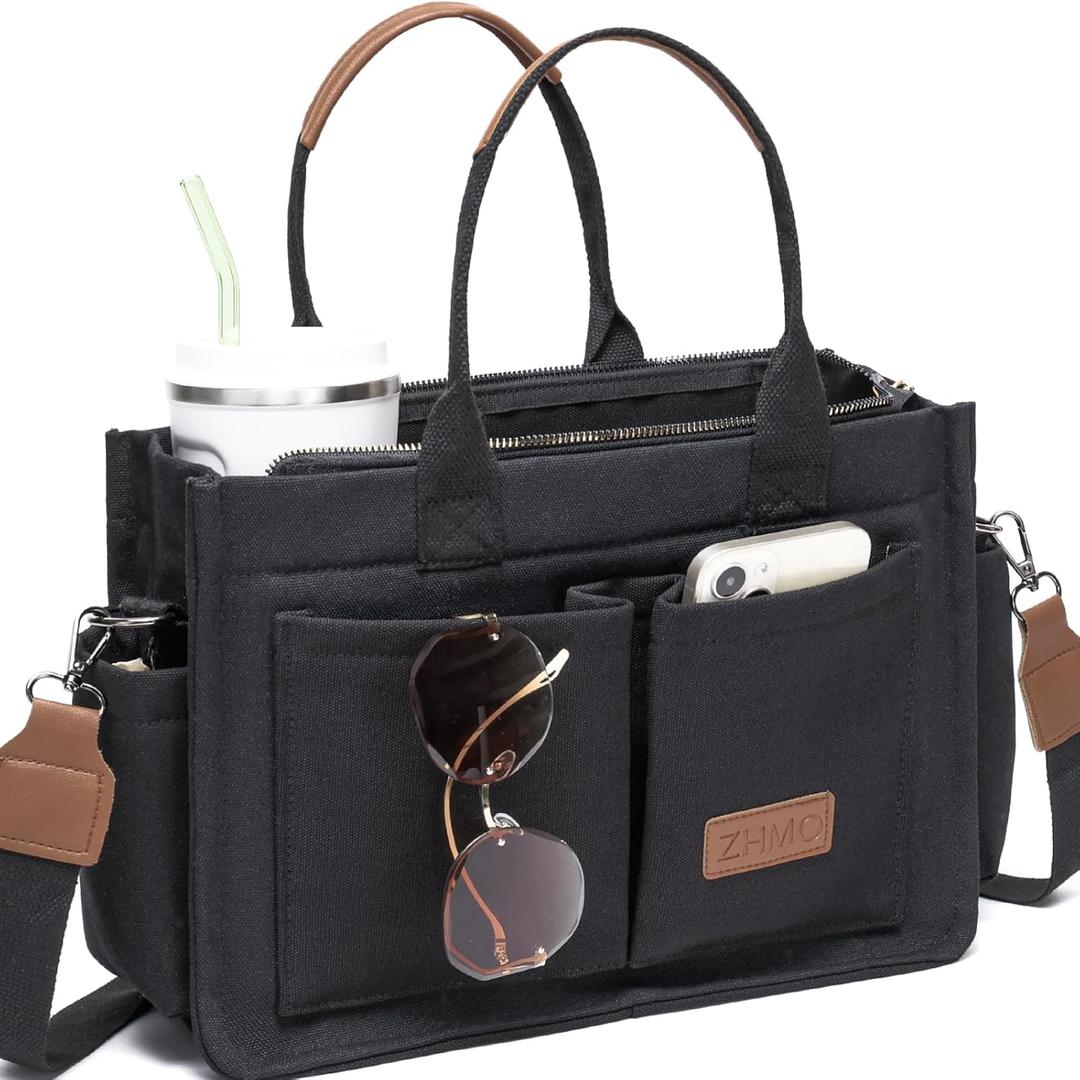 ZHMO Canvas Tote Bag for Women,Women's Bags Crossbody Bags Work Laptop Tote Bag Large Handbags Purse for Travel Nurse Teacher (New Upgrade Black With Compartments and Inner Cup Holders)