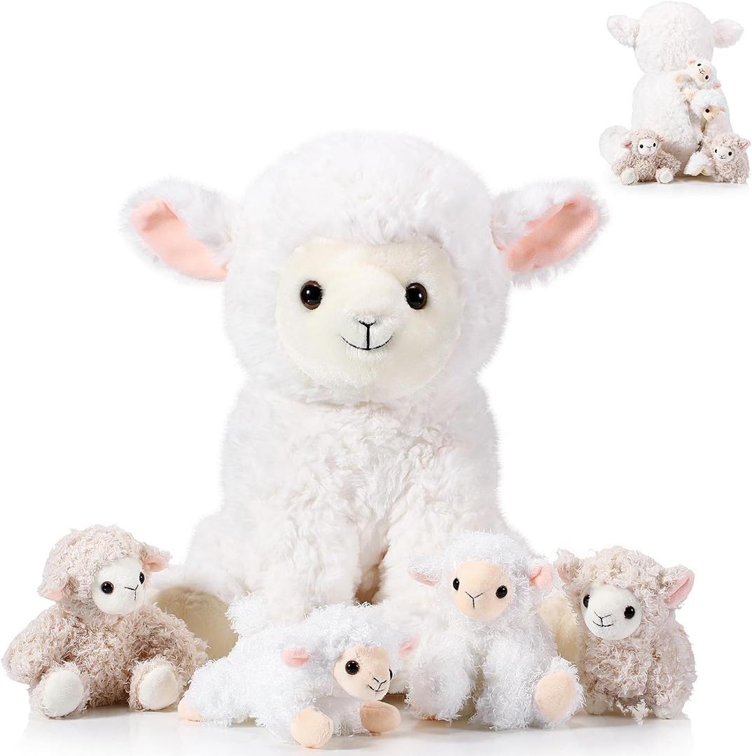 Lenwen 5 Pcs Lamb Stuffed Animal Toys Sets, 14 Inch Mommy Lamb Plush with 4 Cute Babies in Her Zippered Tummy Soft Cuddly Sheep Plushie for Farm Christmas Birthday Gifts(Lovely Style)