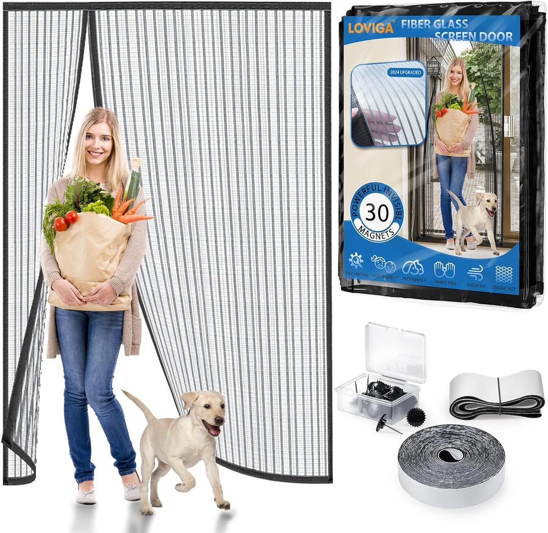 Heavy Duty Door Screen Magnetic Closure, LOVIGA 2024 Thickened Fiberglass Screen Door Mesh, Self Sealing, Side Opened, Pets Friendly, Fine Mesh Keep Bugs Out Fit Door Size 70 Inch X 80 Inch (Gray)