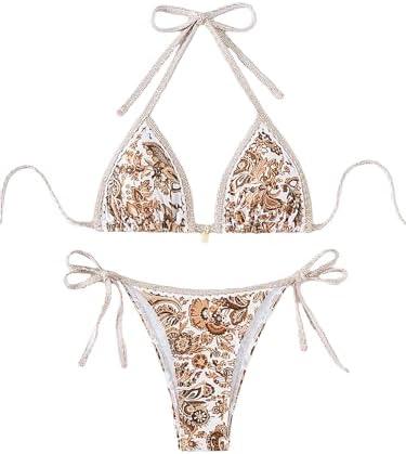 Women's Floral Printed Bathing Suit Halter Paisley Summer Swimsuit Bikinis Set, Size XL