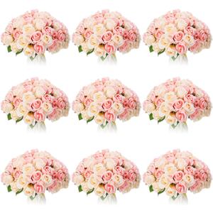 Jexine, 10 Bouquets Artificial Rose Flowers, 120 Pcs, Pink and White, Silk, DIY Bride, Home, Wedding Party Decorations