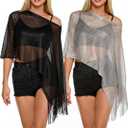 2 Pcs Womens Sheer Poncho Shrug Top Lightweight Knit Crochet Bolero Summer Shrug Irregular Tassel Shawl Beach Mesh Cover up (Black, M)