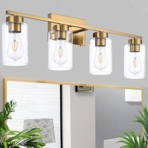A1A9 4 Light Bathroom Vanity Light Fixtures, Brushed Brass Modern Wall Lights with Clear Glass Shade, Vintage Wall Sconce Lighting for Living Room, Mirror, Bedroom, Hallway (Gold, 4-Lights)