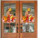 Thanksgiving Day Wreath for Front Door Fall Wreath with Sunflower Cute Doll Burlap Hat Gnome Pumpkin Pendant for Welcome Autumn and Harvest Festival