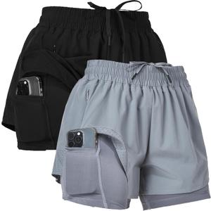 Ultra Performance Gym Shorts Women Pack of 2, Nylon Compression Workout Shorts Women with Liner (X-Large, Black, Grey)