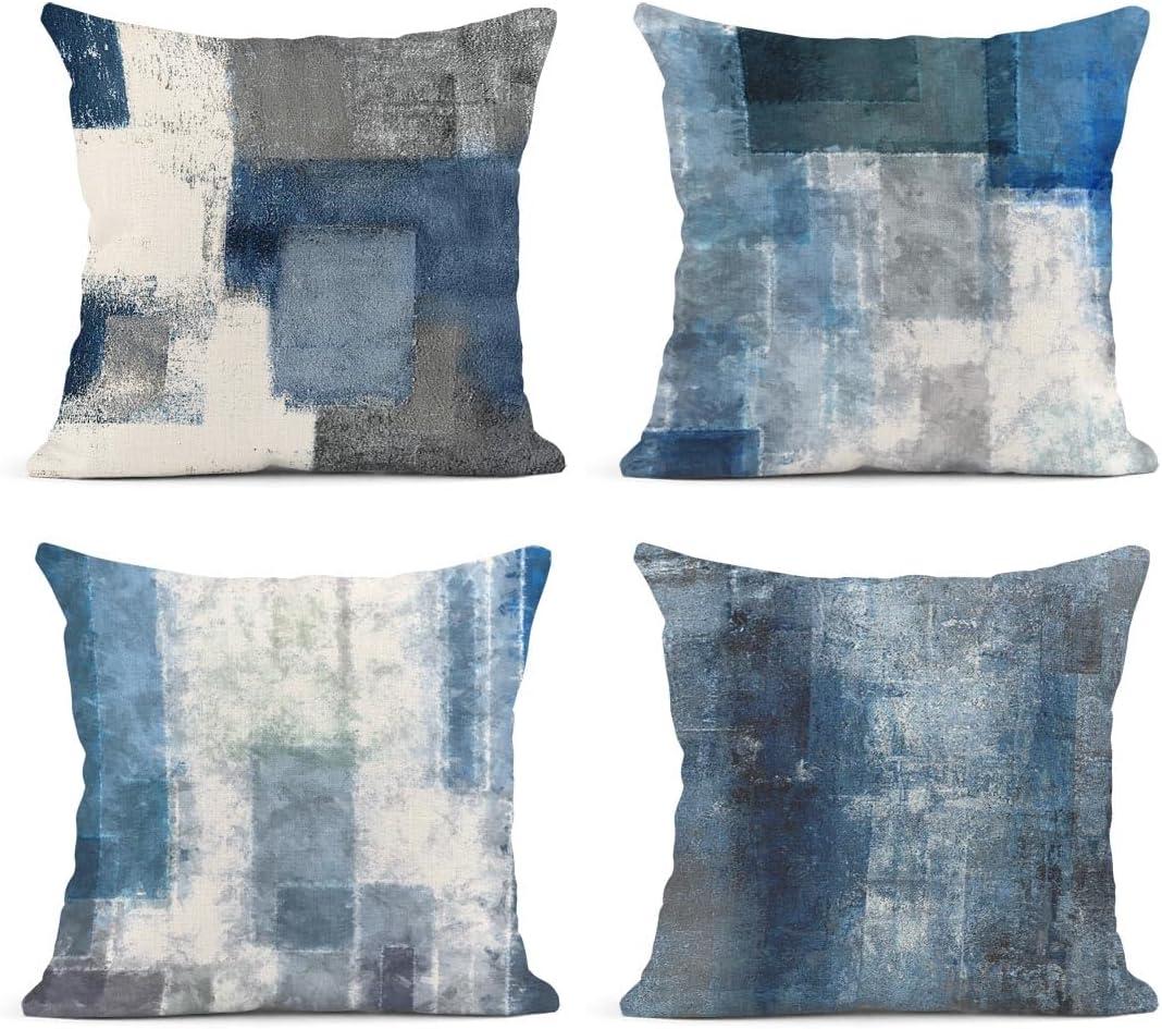 Emvency Set of 4 Throw Pillow Covers Blue and Grey White Art Artwork Contemporary Decorative Gray Cushion Sofa Bedroom Car Decor Pillow Cases Home Decorative Square 18x18 Inches Pillowcases