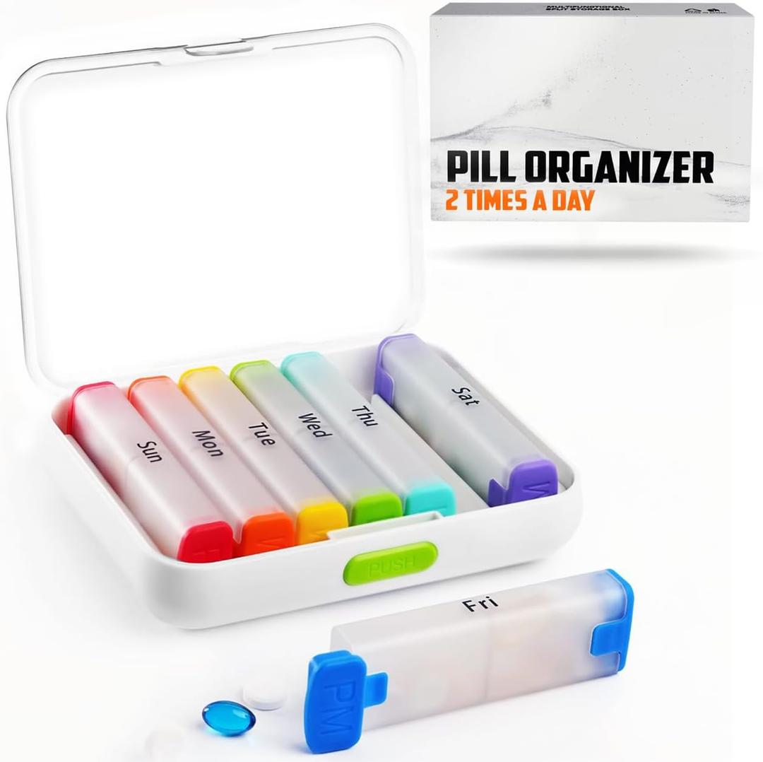 BEXEEN Weekly Pill Organizer 2 Times a Day - Pill Box 7 Day Am Pm - Travel Medicine Organizer Twice Daily Vitamin Holder Portable Supplement Case Week Morning Night Med Dispenser Detachable Container