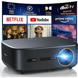Alvar Smart Projector 2026 Upgraded, 2500 ANSI, 4K Supported, Built in NetfIix App, DoIby Audio & 50W Speakers, Auto Focus, WiFi 6, Bluetooth 5.3, Home Theater & Outdoor Movie Projector, Black