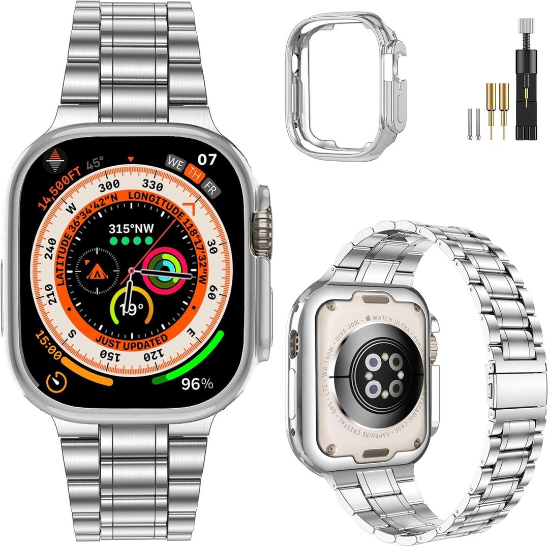 MioHHR Solid Stainless Steel Band Compatible with Apple Watch 49mm Ultra 3/2/1, Metal Strap with Soft TPU Case for iWatch Series Ultra 3/2/1 49mm Women and Men, Silver