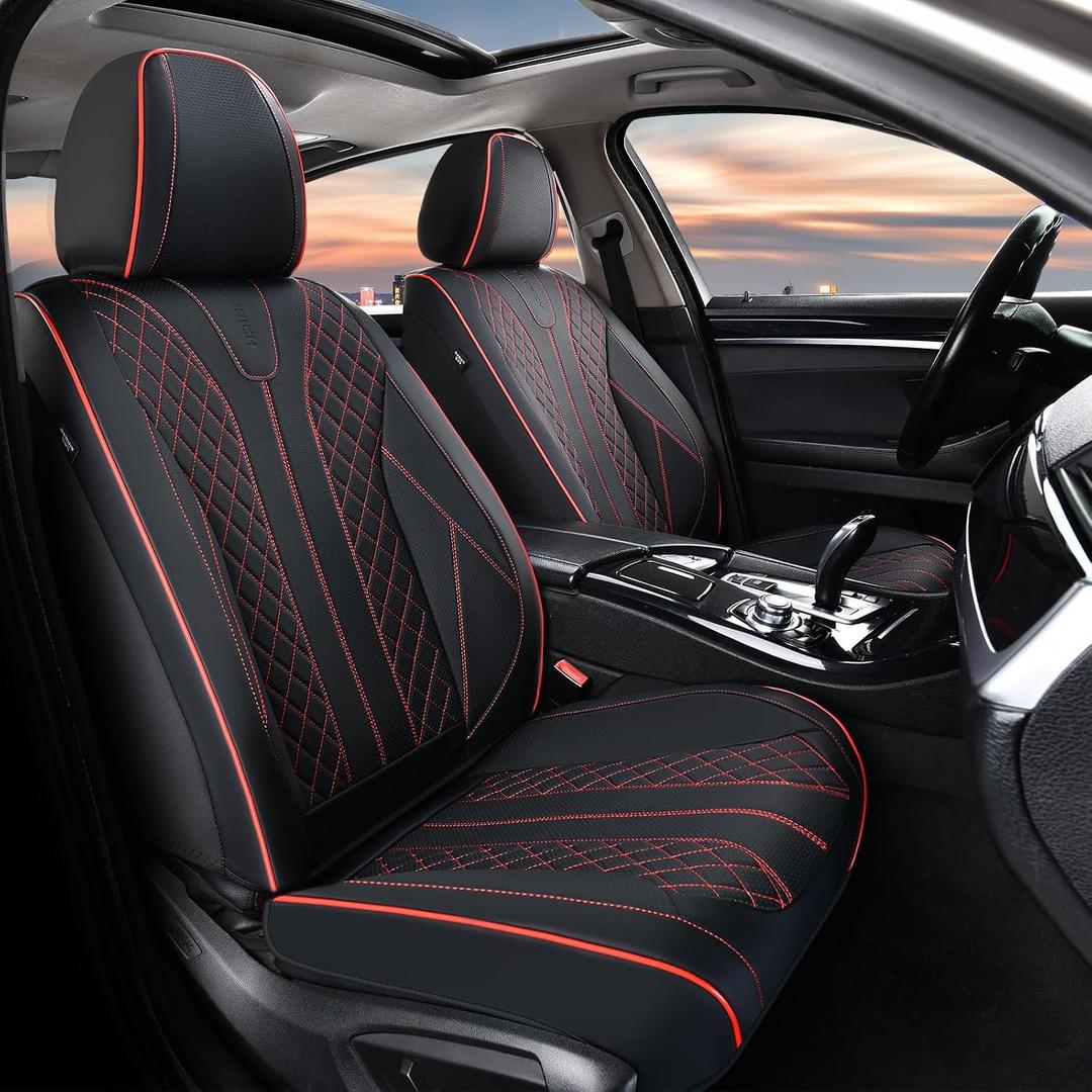 FLORICH Leather Car Seat Covers, Automotive Seat Cover 2 Pack Waterproof Seat Covers for Cars Driver Seat Cover Protectors Universal Fit for Most Cars SUV Trucks Vehicles, Black & Red Line
