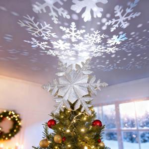 DG-Direct Christmas Tree Topper Lighted with Silver Snowflake Projector, Led Rotating Magic Snowflake, 3D Hollow Glitter Lighted Silver Snow Tree Topper for Christmas Tree Decorations