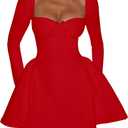 BORIFLORS Women's Sexy Corset Mini Party Dresses Elegant Ruched Long Sleeve Cocktail Short Dress, Small, Red