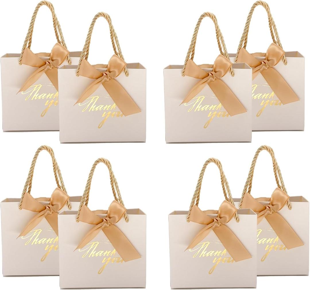 TKSBAG 50 Pack Small Thank You Gift Bags with Handles, 5.5''x 2.5''x4.7'' Mini White Gift Bags Bulk for Baby Shower, Birthday, Wedding, Party Favors