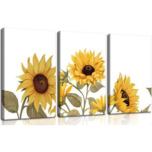 3Pcs Sunflowers Canvas Wall Art Modern Minimalist Yellow Botanical Floral Wall Decor Pictures Rustic Field Plant Flowers Posters Prints for Bathroom Gallery Living Bedroom Decoration (16L" x 12W")