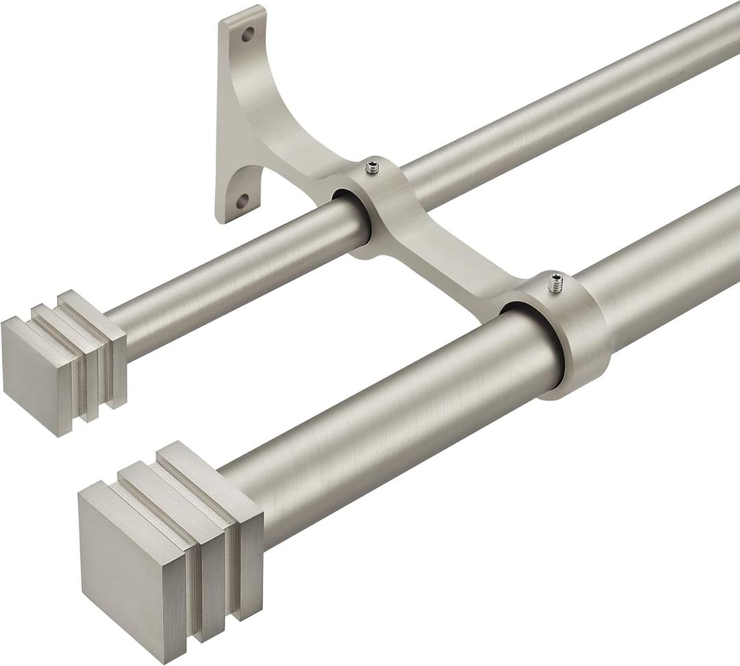 Double Curtain Rods with Aluminum Full Surround Brackets and Cube Box Finials,Brushed Nickel Curtain Rods for Windows 36 to 72 inch,1'' Front and 5/8''Back Adjustable Double Drapery Rods (36-72", Brushed Nickel)