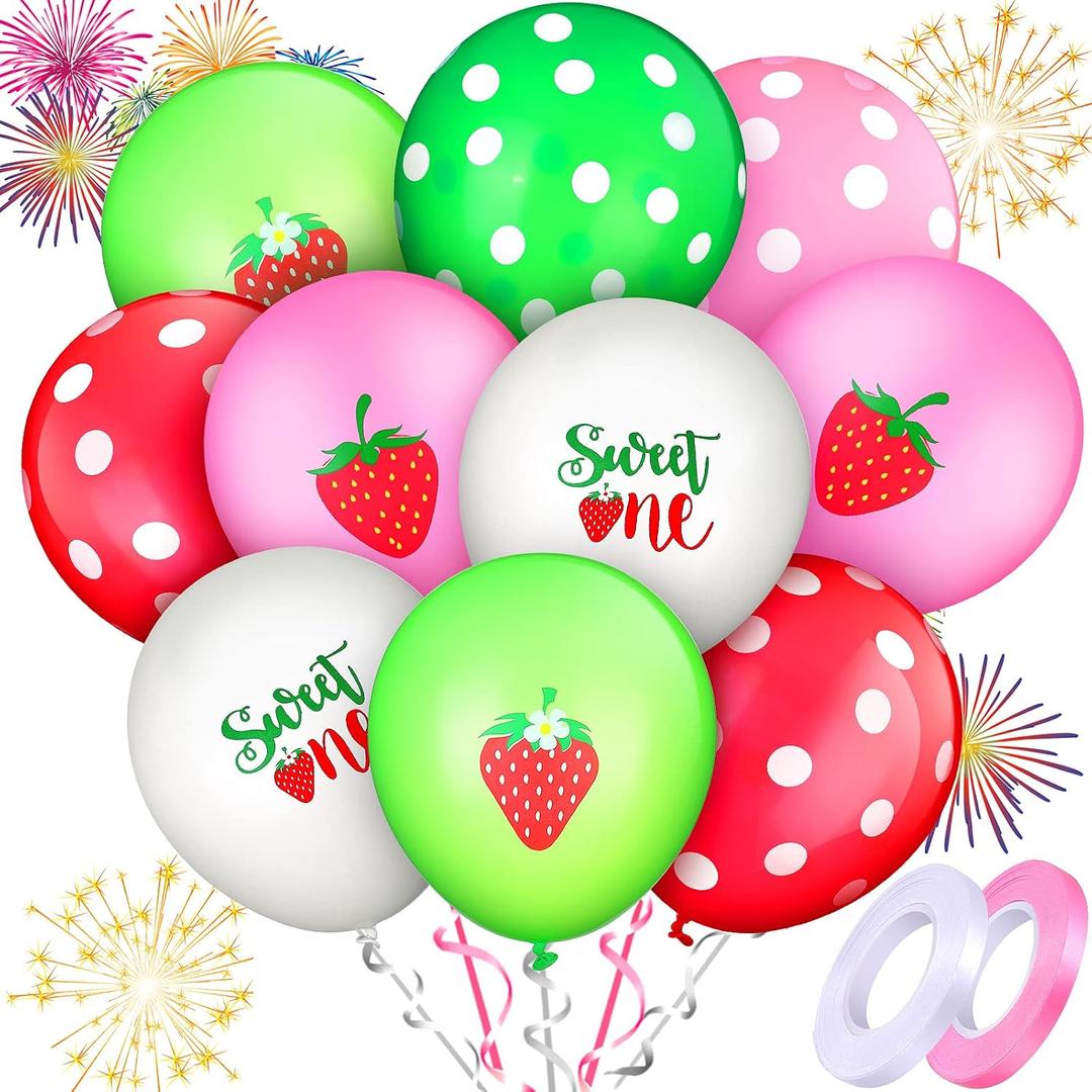 Skylety 60 Pcs Strawberry Balloons Berry Sweet One Birthday Decorations with Polka Dots & 2 Ribbons for Strawberry Theme 1st Birthday, Baby Shower, Summer Fruit Party Supplies for Girls