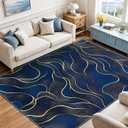 8x10 Area Rug Blue Gold Modern Rug for Living Room Indoor Machine Washable Abstract Rugs for Bedroom Ultra Soft Dining Room Large Carpet Non-Slip Non-Shedding Throw Rug for Home Office