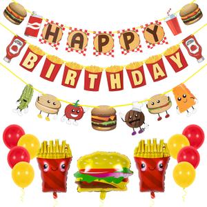 Pirese Burger Birthday Party Decorations  Pre-Strung Happy Birthday Banner Kit with Burger & Fries Balloons  Picnic, Cookout, Food Truck, Cheeseburger Party Decorations with Balloons for Kids & Adults