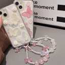 Changjia for iPhone 16 Glitter Butterfly Case,Cute Girly 3D Flower Floral Crystal Pearl Bling Sparkle with Wrist Strap Chain Soft TPU Silicone Aesthetic Women Girls Phone Case for iPhone 16 6.1", Pink