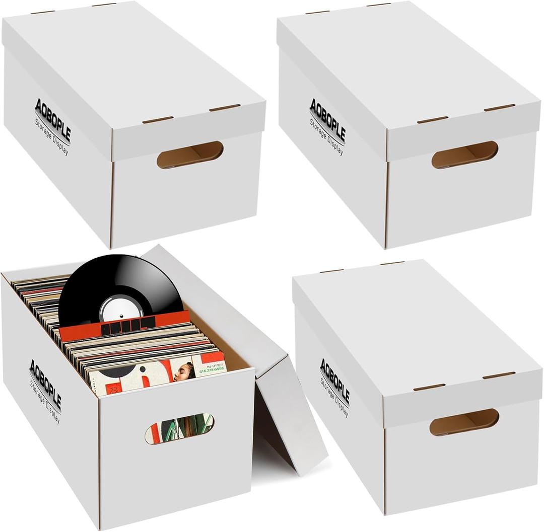 AOBOPLE 4 Pack Vinyl Record Storage Box,7"/45 RPM Cardboard Vinyl Record Box with Lid and Handle,Holds up to 75 7" Records Each,Moving Box for Records Ideal for DJs, Show Vendors, Record Collectors