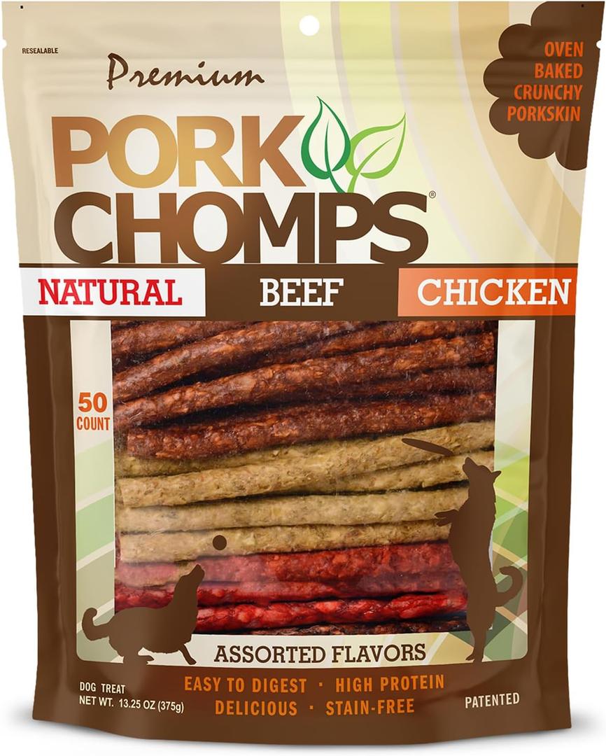 Pork Chomps Dog Chews, 5 Inch Munchy Sticks, 50 Count - Assorted Flavors: Roasted Pork, Chicken, & Bacon - Long-Lasting Treats for Dogs - High Protein, Low Fat, Healthy & Delicious Chews (1 Pack) (EXP 05/29/28)