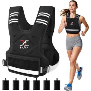 FUFF Adjustable Weighted Vest for Adult, 20-32lb Vest with 6 Ironsand Weights for Strength Training, Large Weight Vest with Reflective Strip for Men & Women, Black