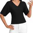 LYANER Women's Batwing Sleeve V Neck Slim Fit Elegant Blouse Top Shirt, L