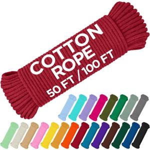 TECEUM Cotton Rope 3/16 (5 mm)  100 FT  Strong All-Purpose Braided Rope  Natural Cotton  for Crafting, amping, Clothes Line, DIY, Indoor & Outdoor Use  Red