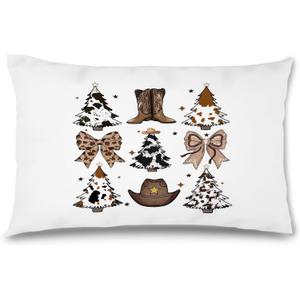 Western Christmas Cow Tree Throw Pillow Covers 12x20, Cowboy Christmas Decor, Rustic Country Coquette Bow Boots Hat Xmas Decorative Lumbar Pillow Covers for Couch Bed Home Bedroom Living Room