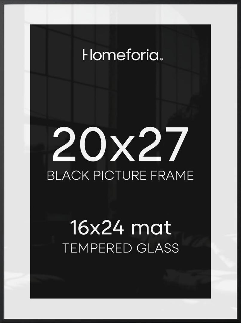 Homeforia 20x27 Black Picture Frame, High-End Metal, 16x24 Mat, Glass